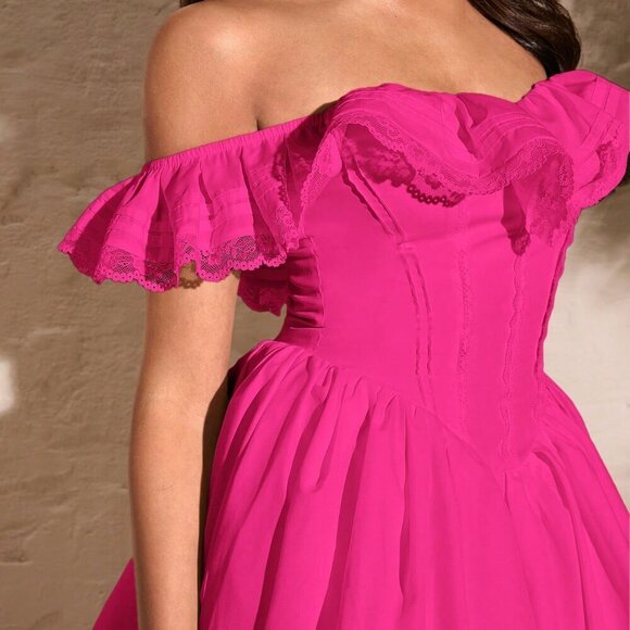 Hot Pink Elegant Women's Sexy Off Shoulder Lace Ruffled Chest Lace Edge Dress - Picture 7 of 7